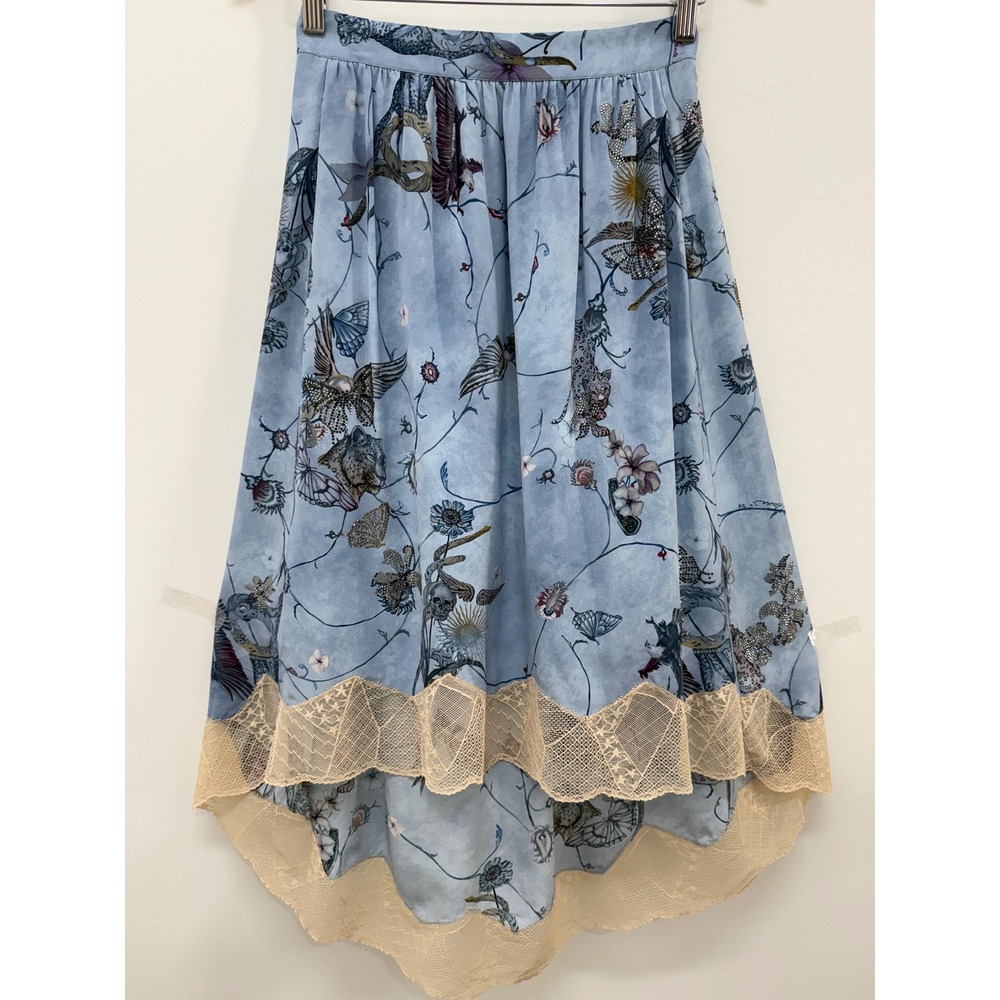 Zadig & Voltaire High Low Silk Skirt Small Surrealist Print Rhinestone Lace